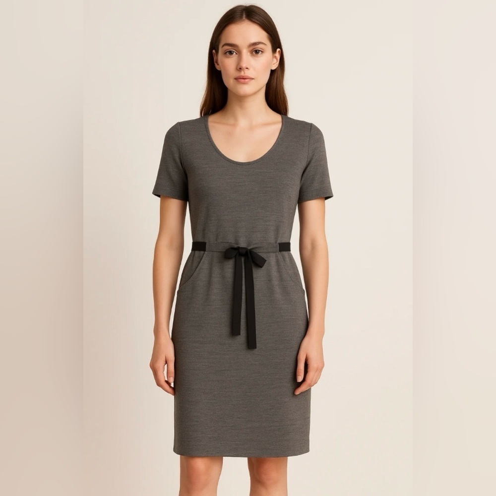 Gerard Darel Scoop Neck Gray Midi Dress with Pockets & RibbonBelt,  FR 40 / US 8